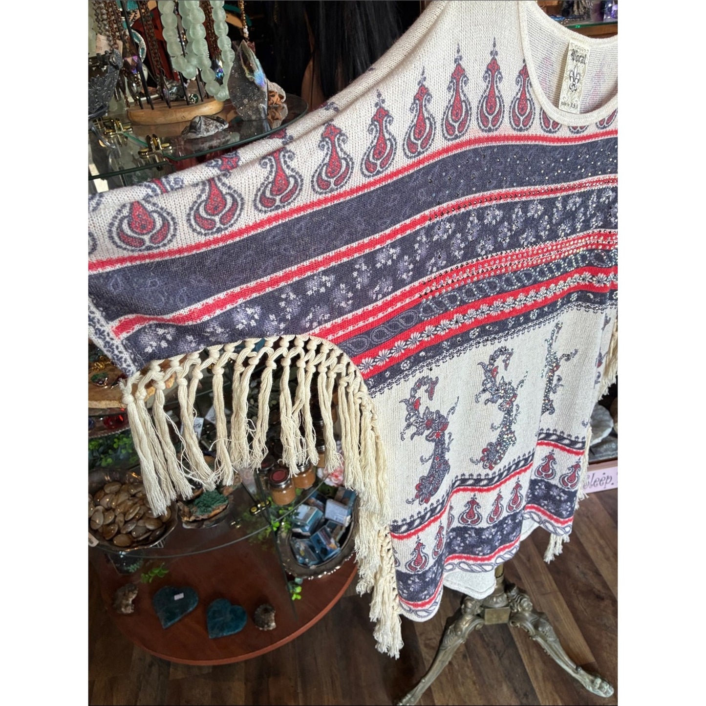 Vocal Embellished Paisley Knit Top - Cream, Red, Navy