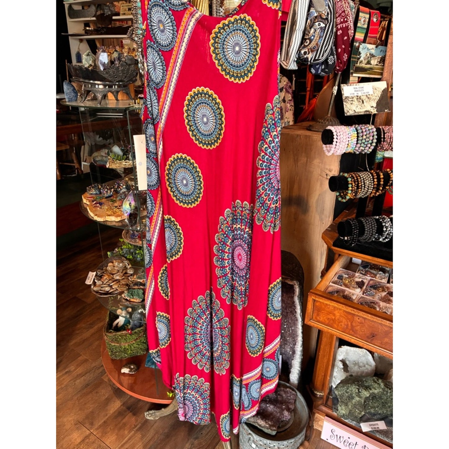 Bright Red Boho Maxi Dress with Medallion Print