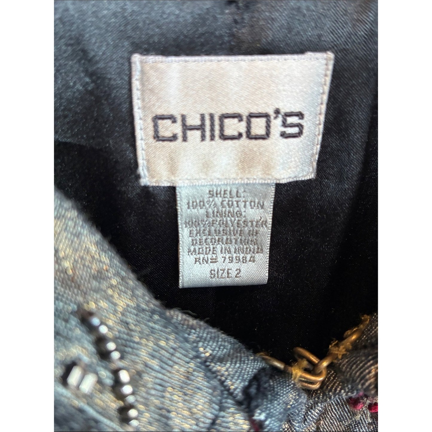 Chico's Black Metallic Floral Zip-Front Jacket
