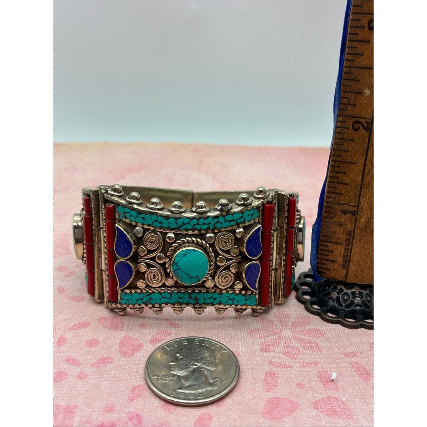 Turquoise, Red & Blue Inlay Statement Cuff Bracelet