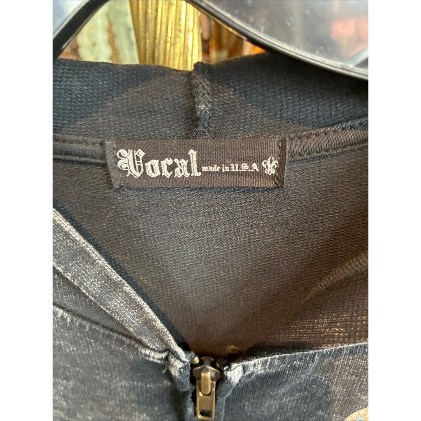 Vocal Black Washed Rhinestone & Stud Zip Hoodie