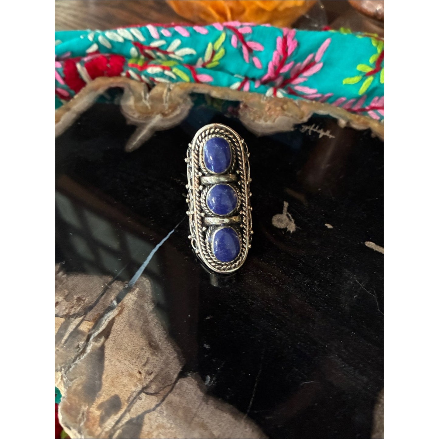 Silver Three-Stone Lapis Statement Ring - Blue