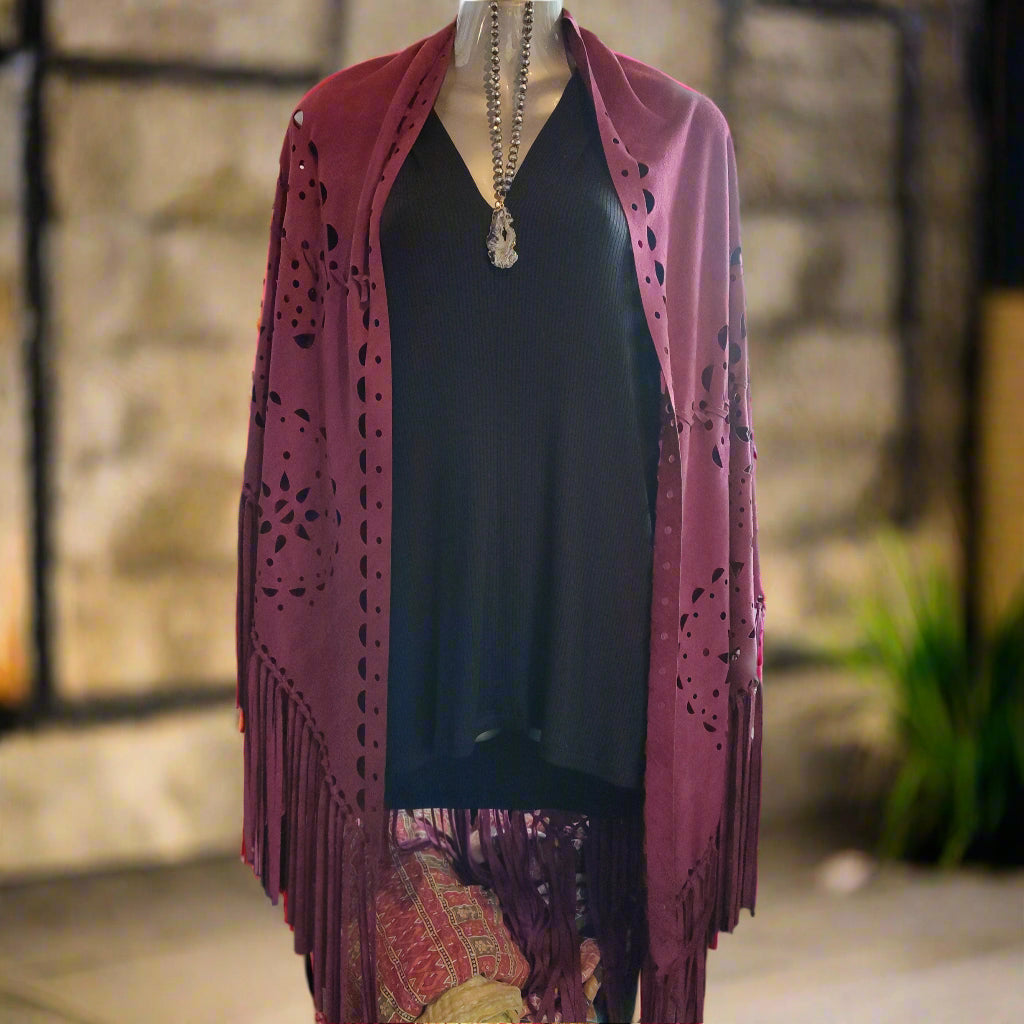 Faux Suede FRINGE Cut Shawl with Geometric Cutouts