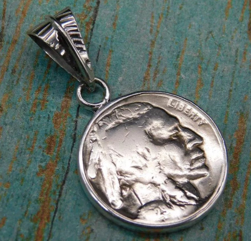 BUFFALO NICKEL INDIAN HEAD STERLING SILVER NECKLACE PENDANT