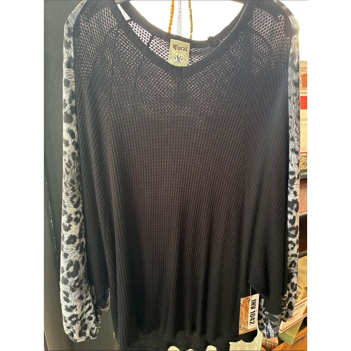 Vocal Black V-Neck Sweater with Gray Leopard Print Sleeves