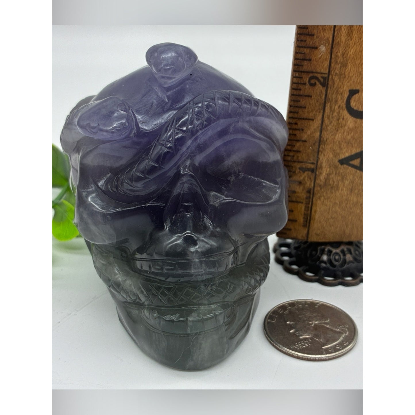 Hand-Carved Dark Purple Green Crystal Skull Sculpture Rock