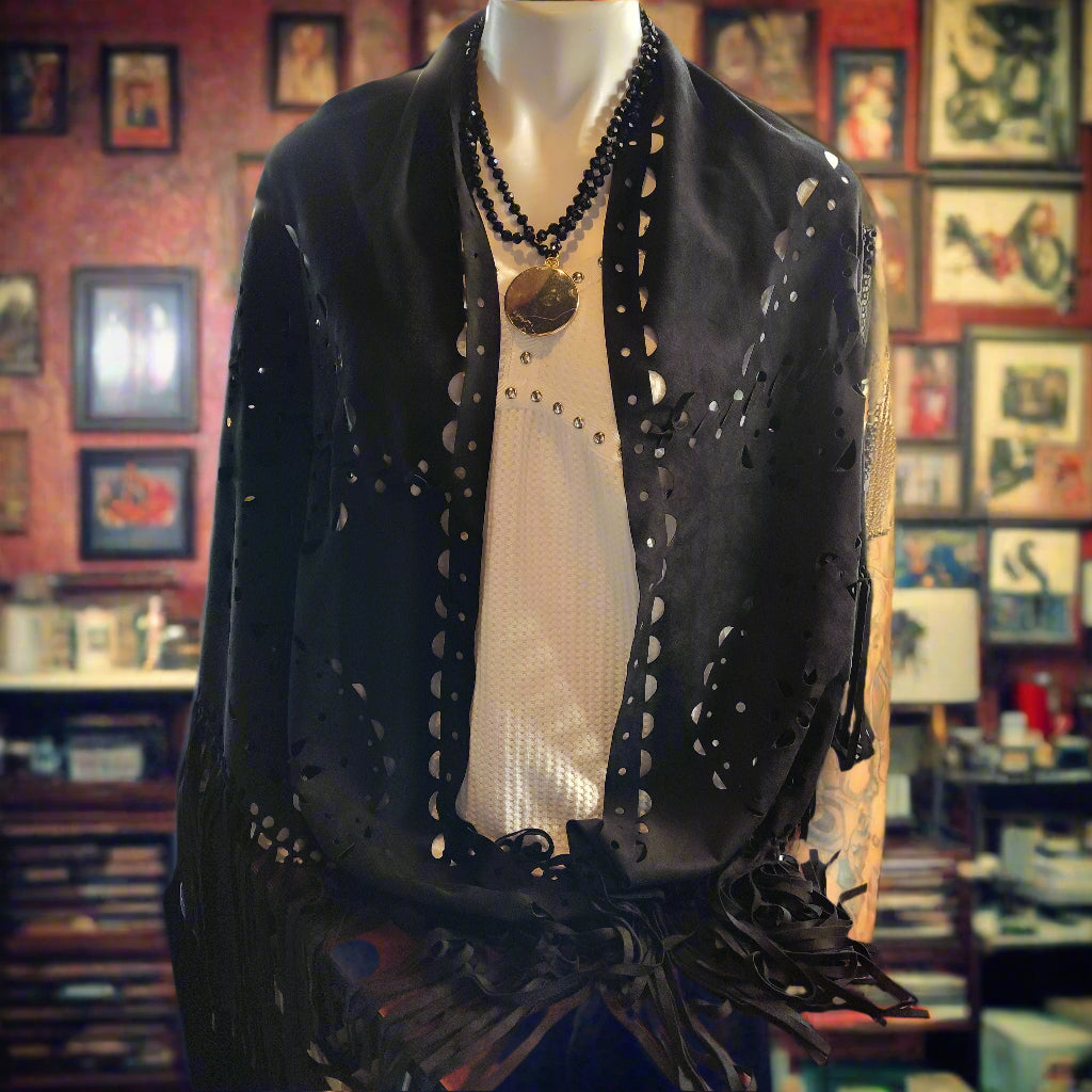 Faux Suede FRINGE Cut Shawl with Geometric Cutouts