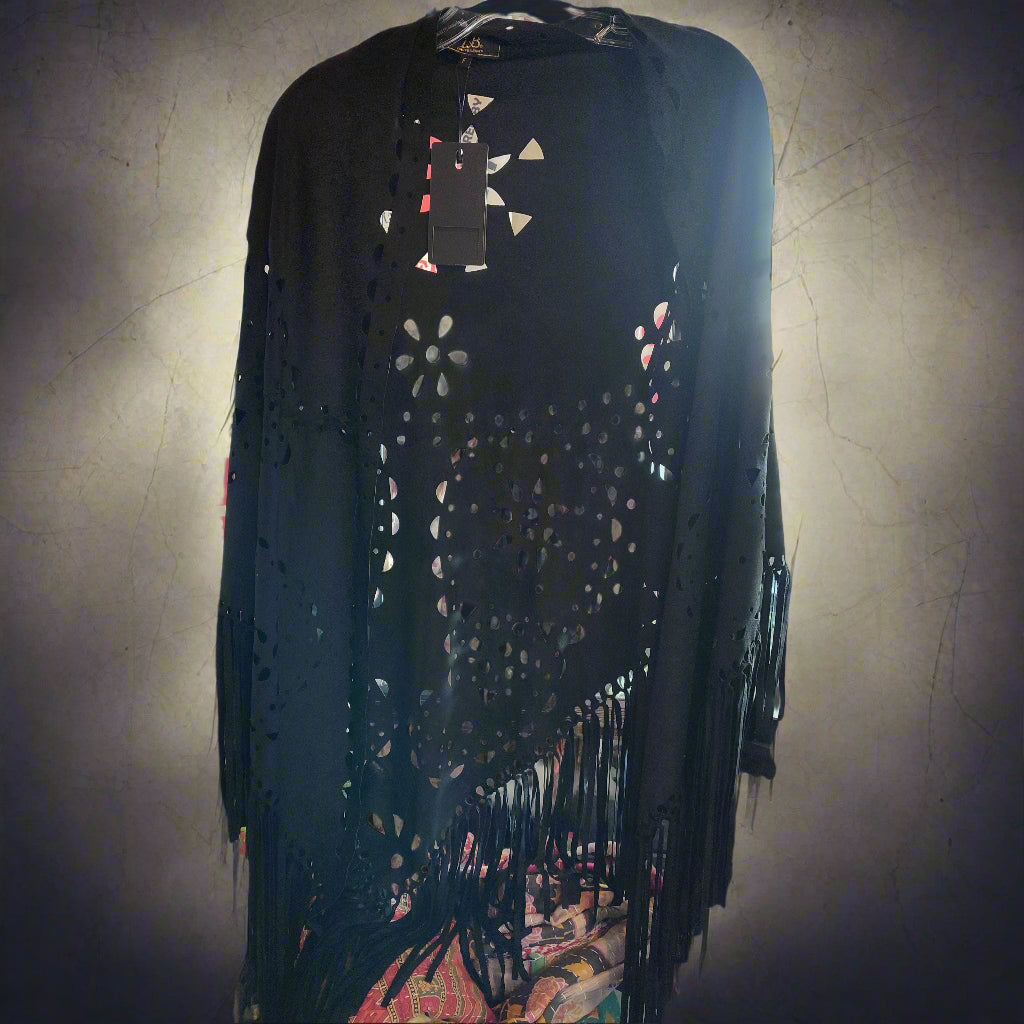 Faux Suede FRINGE Cut Shawl with Geometric Cutouts