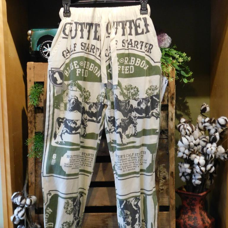 Vintage Mutter's Calf Starter Feed Sack Joggers - Upcycled Blue Ribbon Design