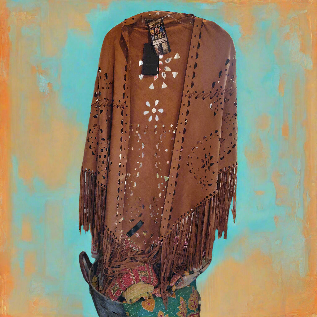Faux Suede FRINGE Cut Shawl with Geometric Cutouts