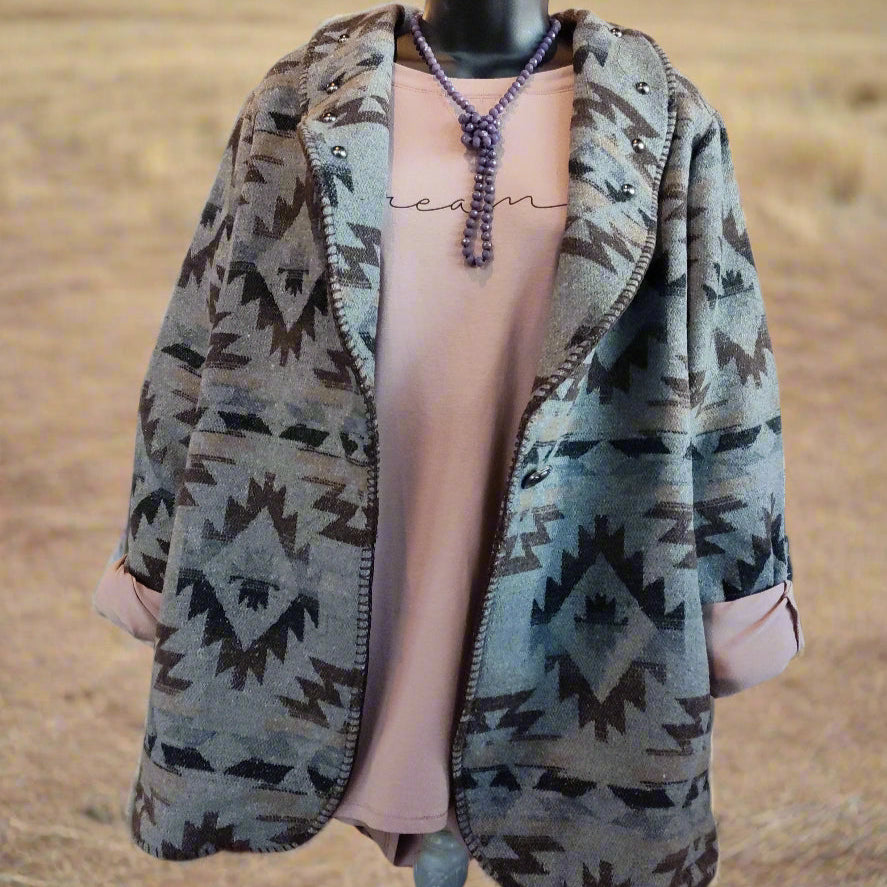 Southwestern Aztec Pattern Jacket with Buffalo Nickle buttons - Gray & Black