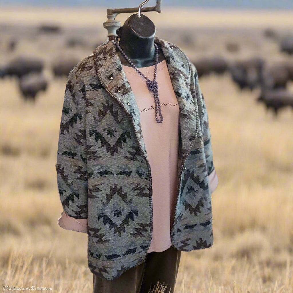 Southwestern Aztec Pattern Jacket with Buffalo Nickle buttons - Gray & Black
