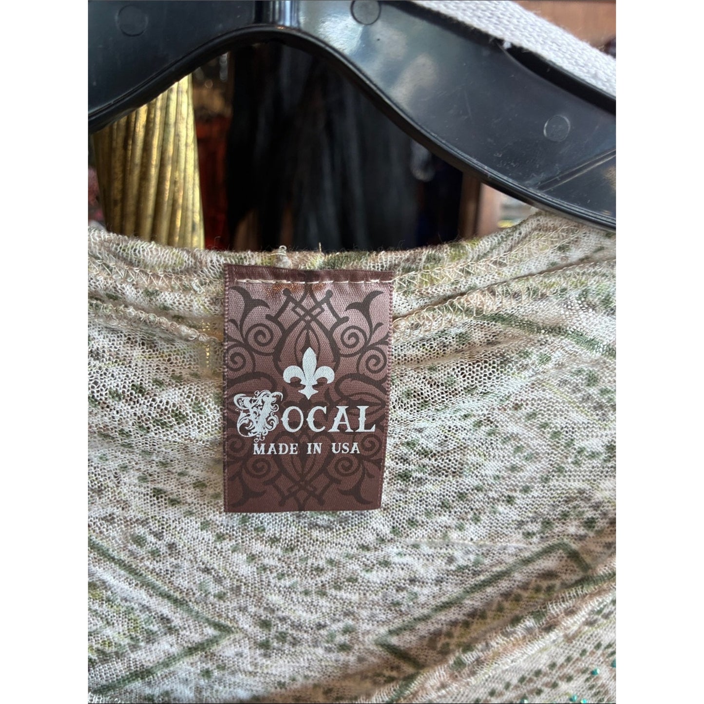 Vocal Cream and Green Geometric V-Neck Blouse