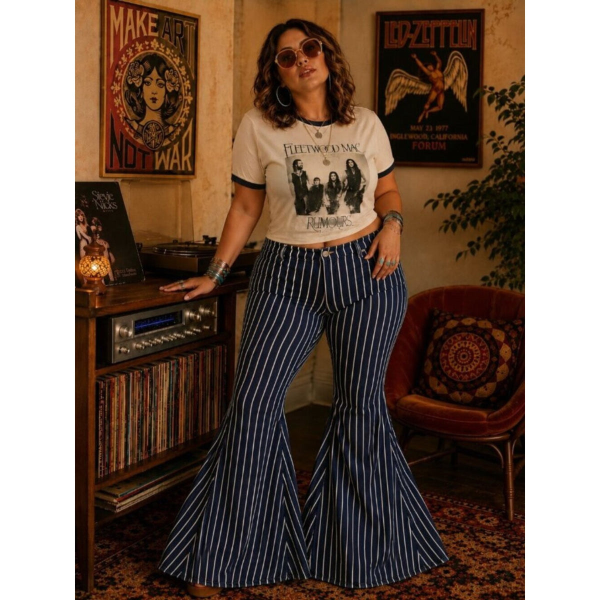 Plus size Lucky & Blessed Navy and White Striped Flare Pants