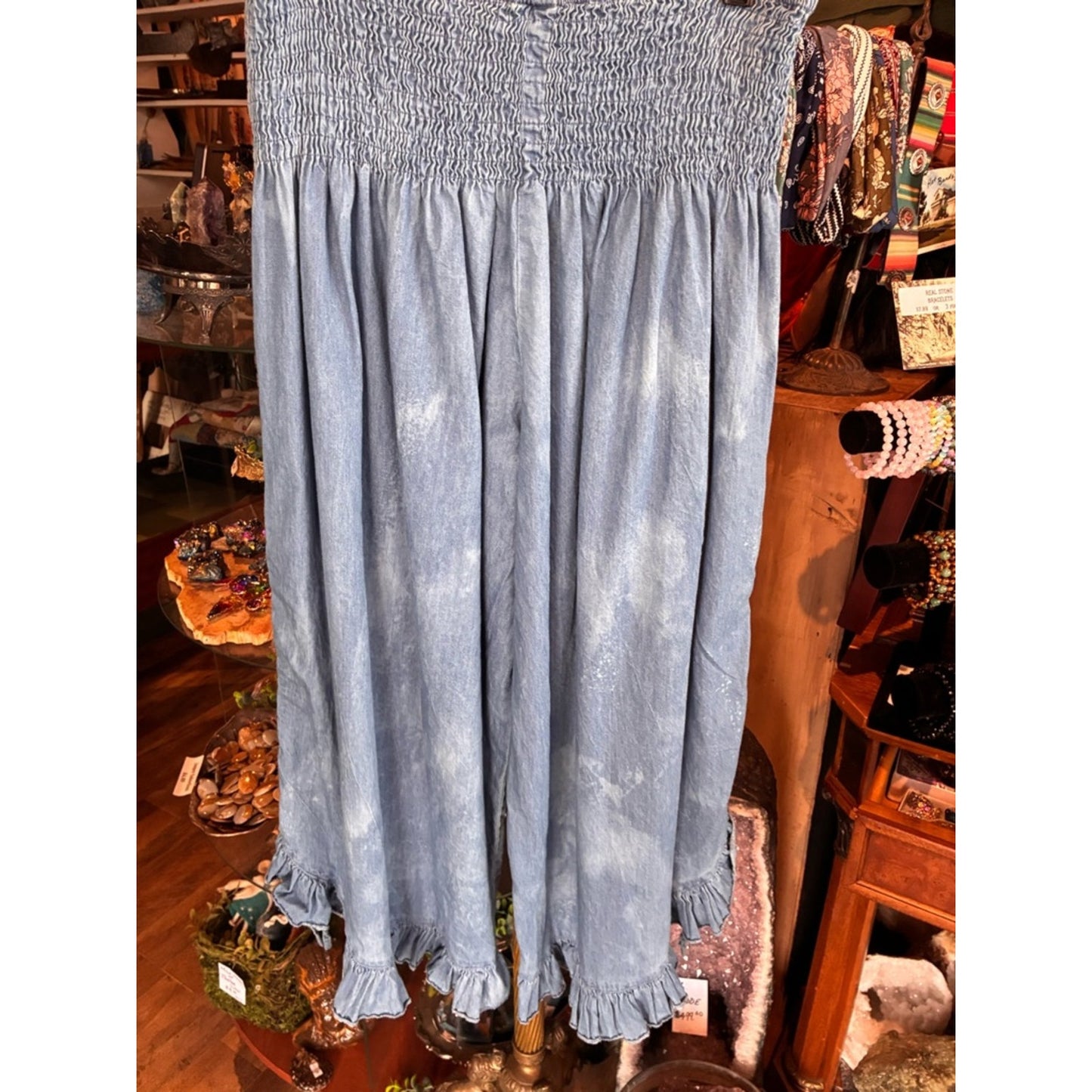 Light Blue Floral-Accent Wide Leg Smocked Waist Pants