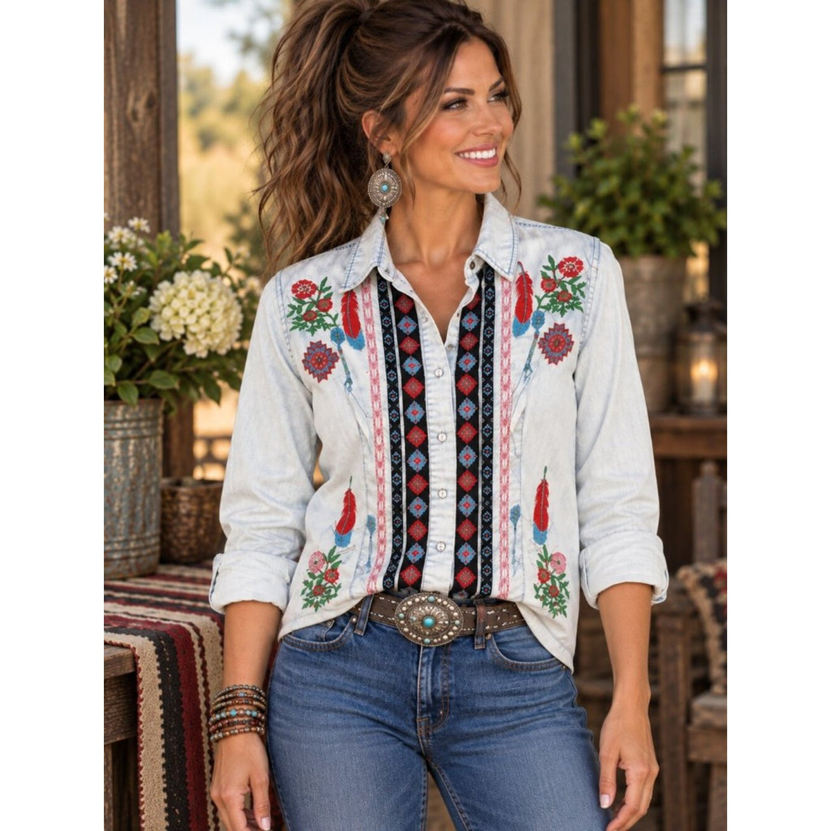 Embroidered Light Blue Button-Down Shirt with Tribal Stripe Detail