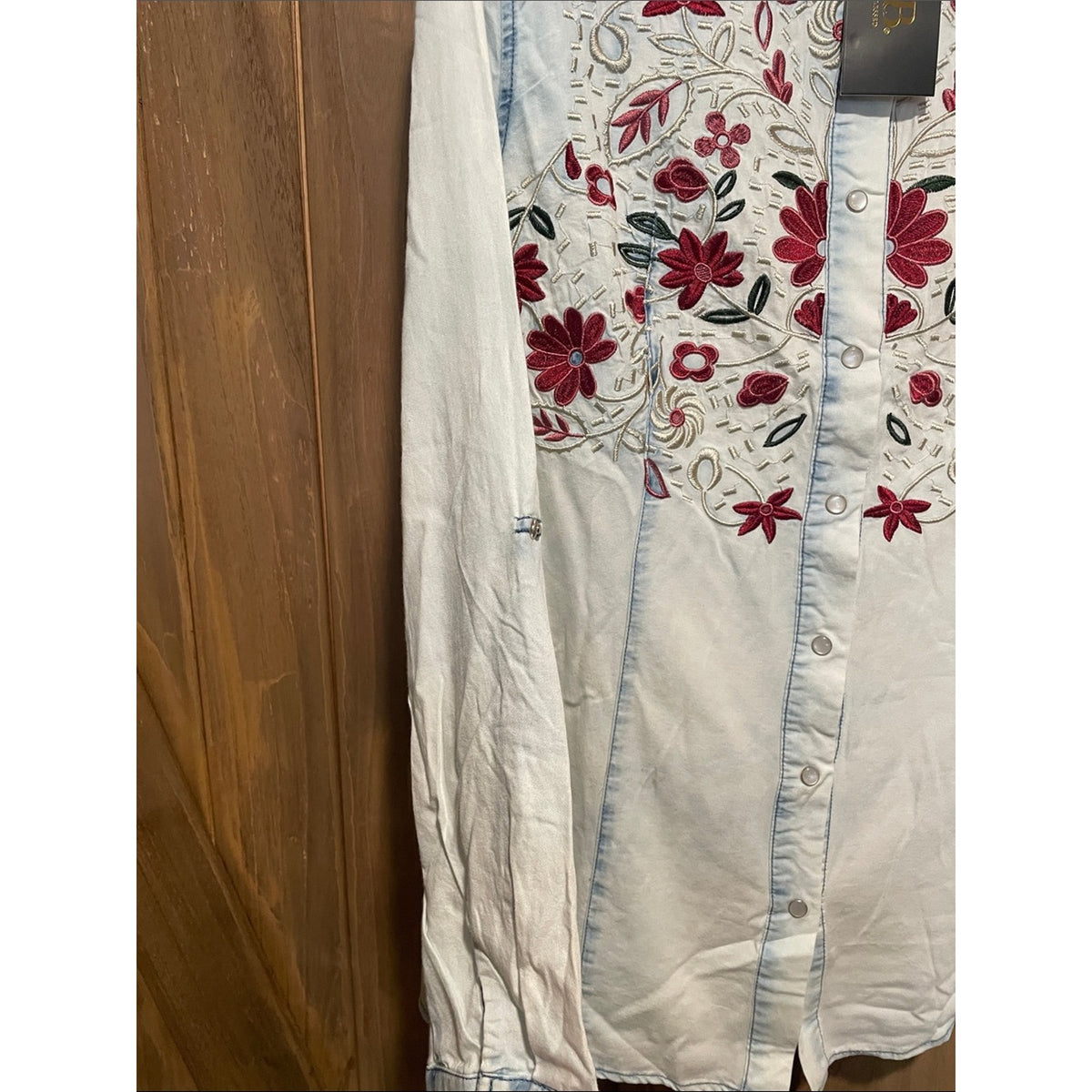 Lucky & Blessed Light Wash Denim Button-Down with Red Floral Embroidery