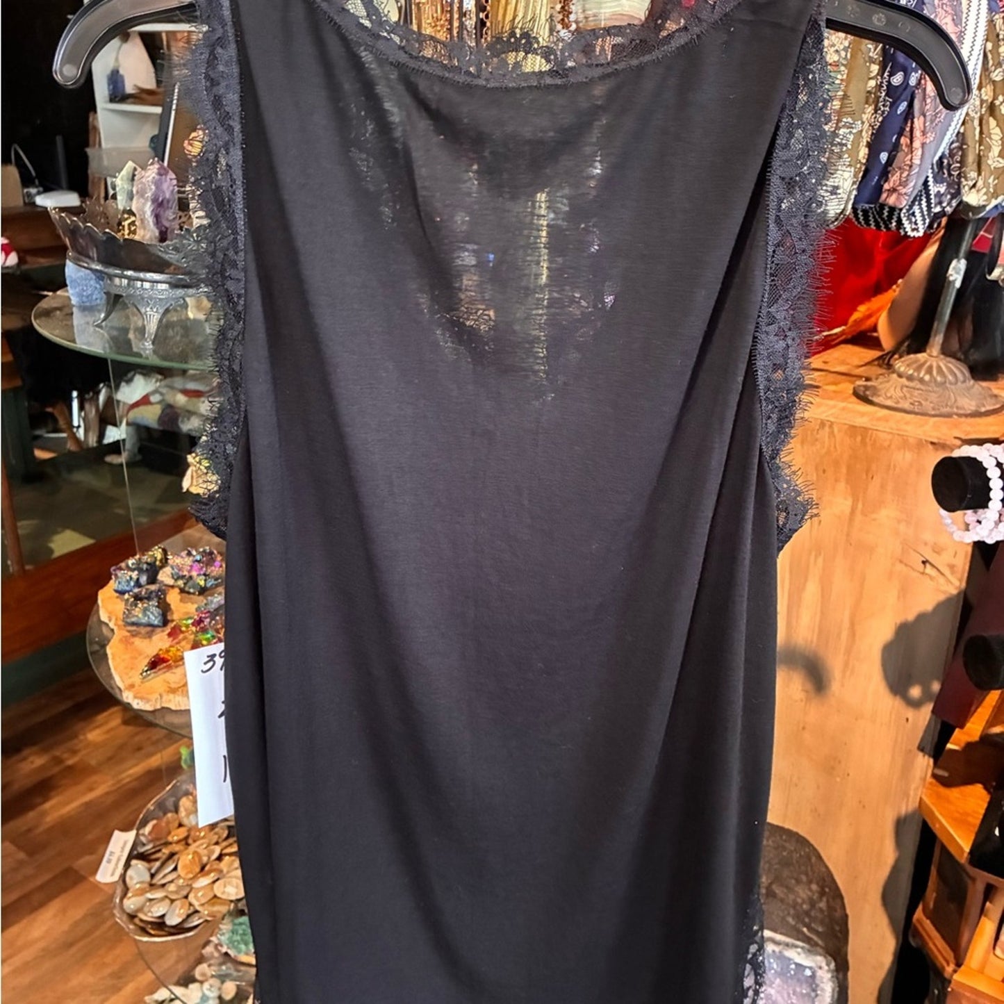 Vocal Black Lace-Trim Sleeveless Top with Sheer Detail