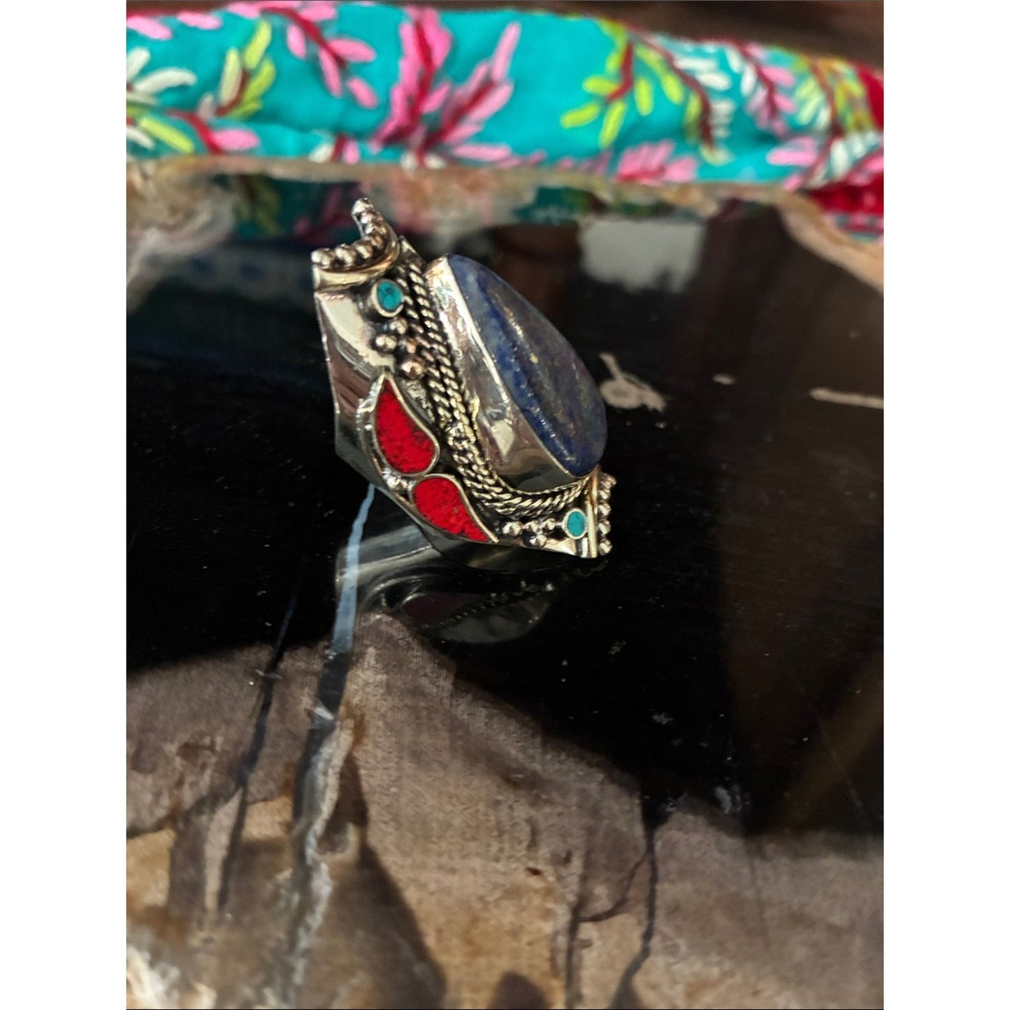 Silver-Tone Blue Teardrop Stone Statement Ring - Women Jewelry
