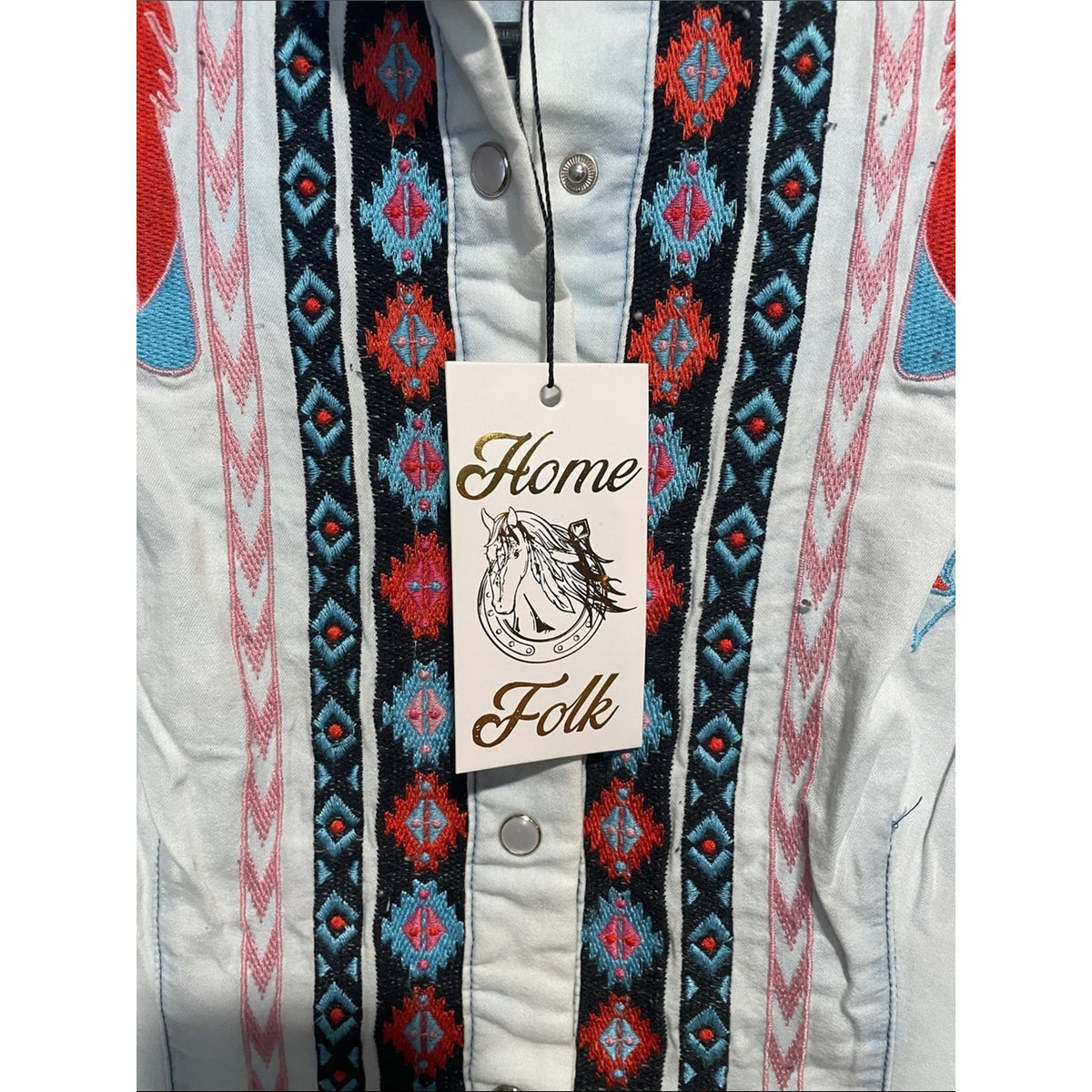 Embroidered Light Blue Button-Down Shirt with Tribal Stripe Detail