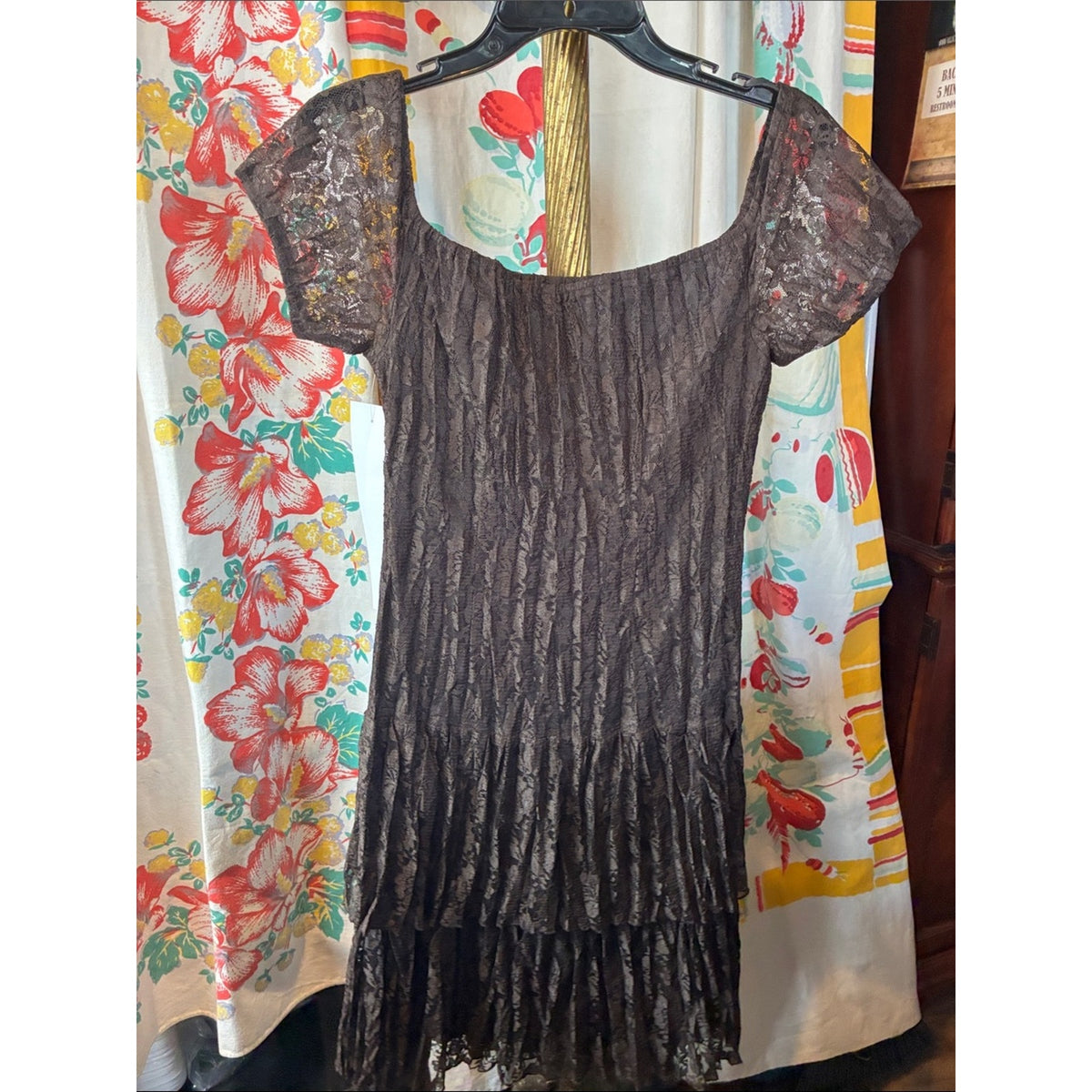 Brown Simon Chang Lace Short Sleeve Scoop Neck Dress