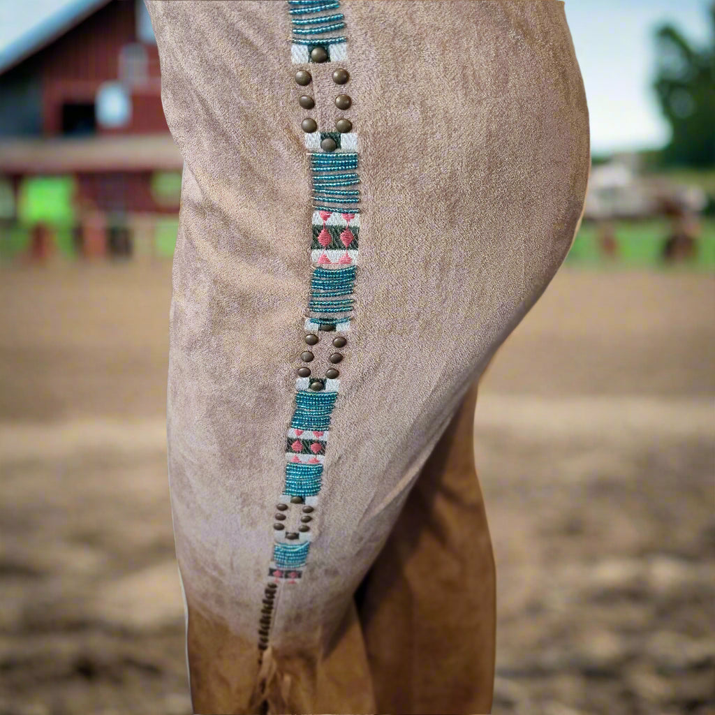 Native-Inspired Faux Suede Pants with Turquoise Beadwork