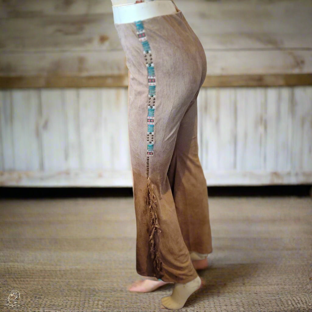Native-Inspired Faux Suede Pants with Turquoise Beadwork