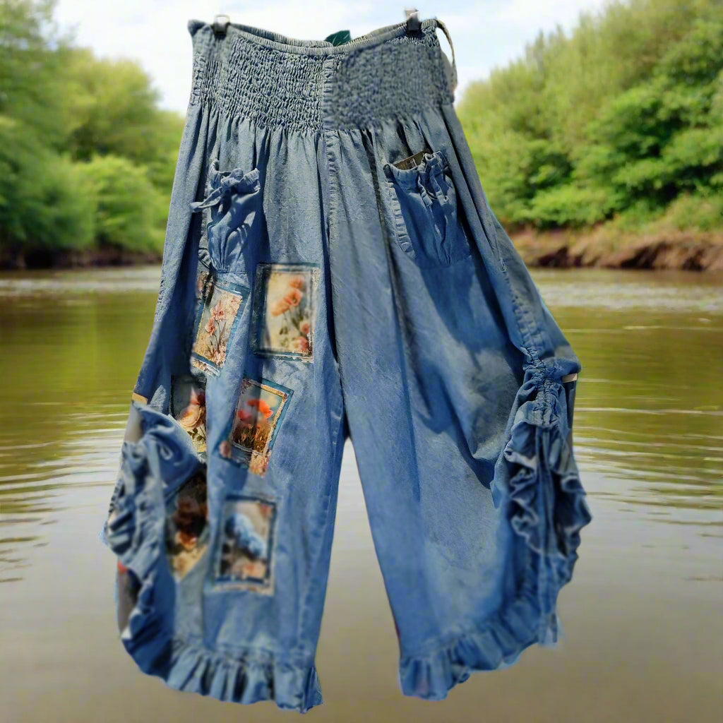 Vintage Postcard Denim Ruffle Pants