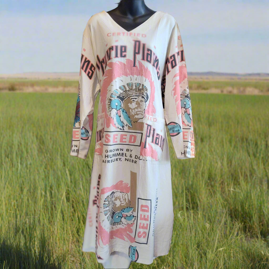 Vintage Prairie Plains Seed Sack Dress - Upcycled Native American Design