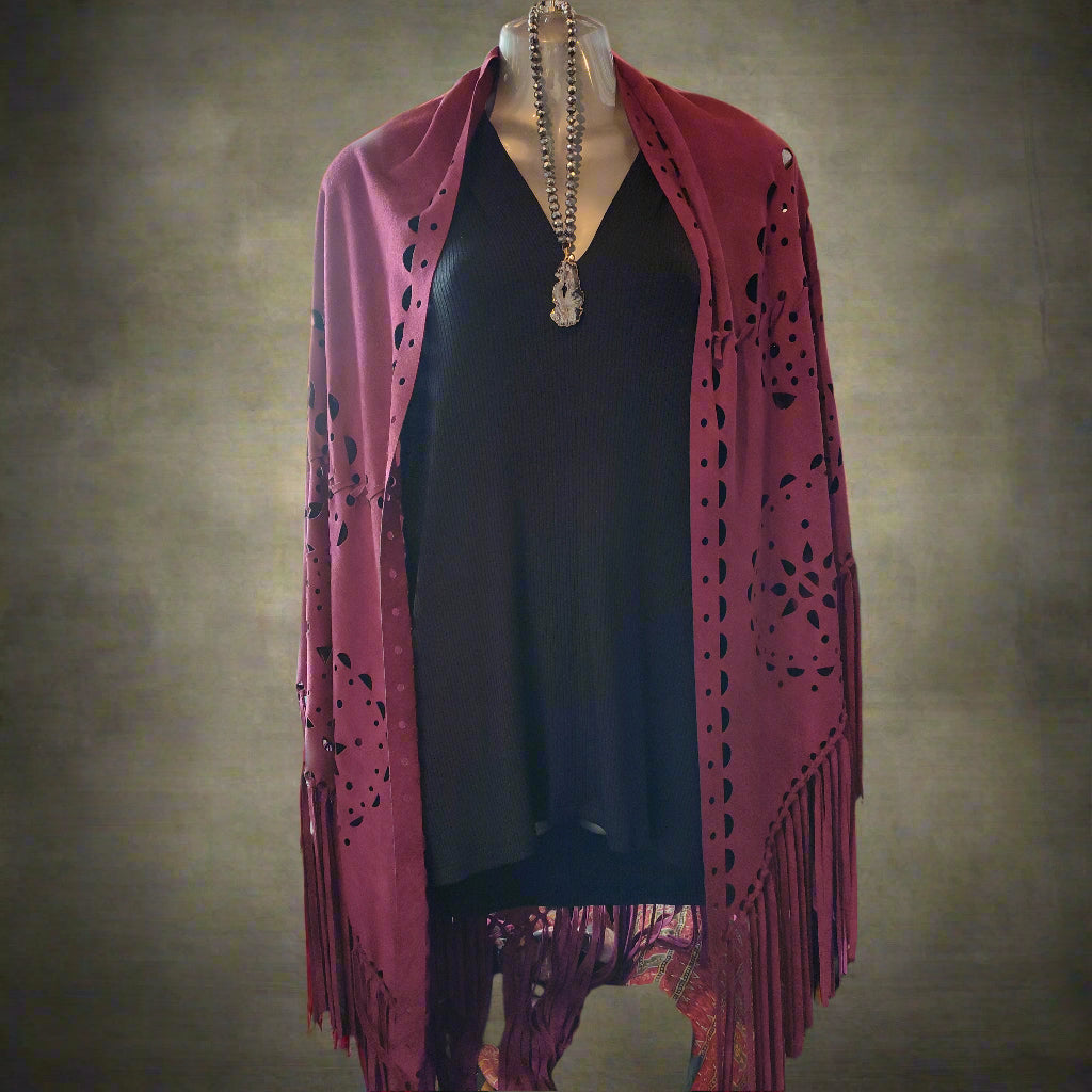 Faux Suede FRINGE Cut Shawl with Geometric Cutouts