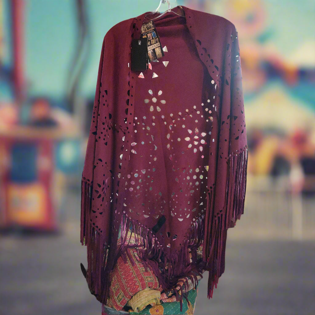 Faux Suede FRINGE Cut Shawl with Geometric Cutouts