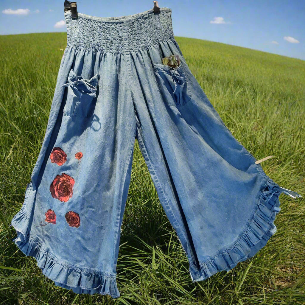 Bohemian Denim Ruffle Pants with Rose Embellishments