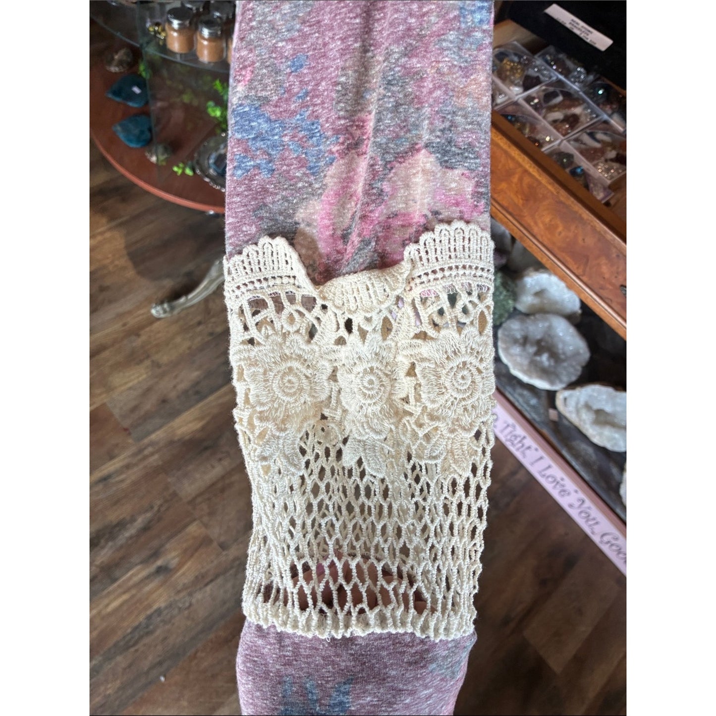 Pink Floral Crochet-Sleeve Women's Top