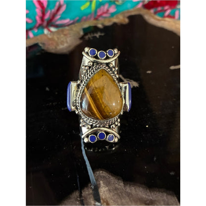 Tiger Eye Teardrop Statement Ring - Blue Accents in