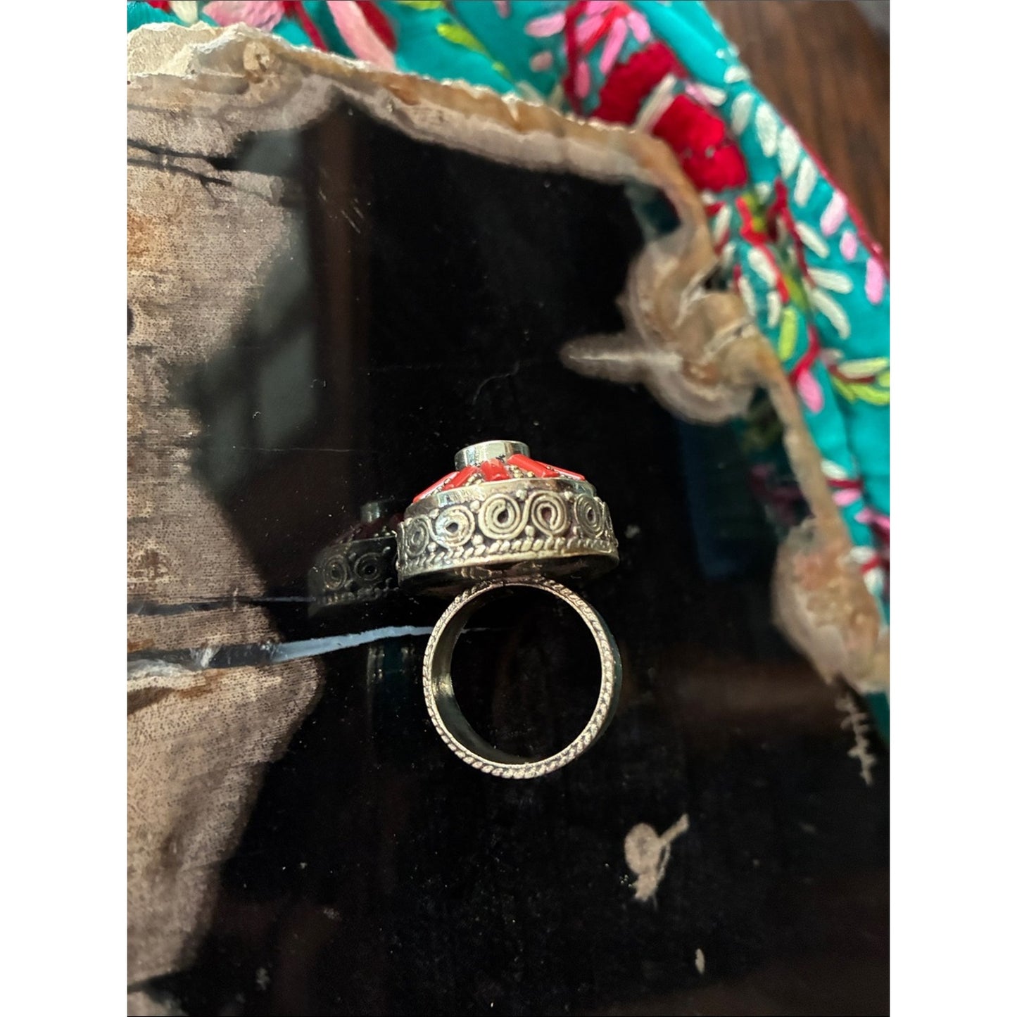 Turquoise & Coral Sunburst Ring - Women Jewelry