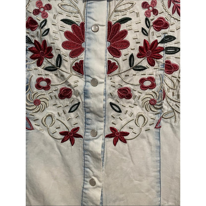 Lucky & Blessed Light Wash Denim Button-Down with Red Floral Embroidery