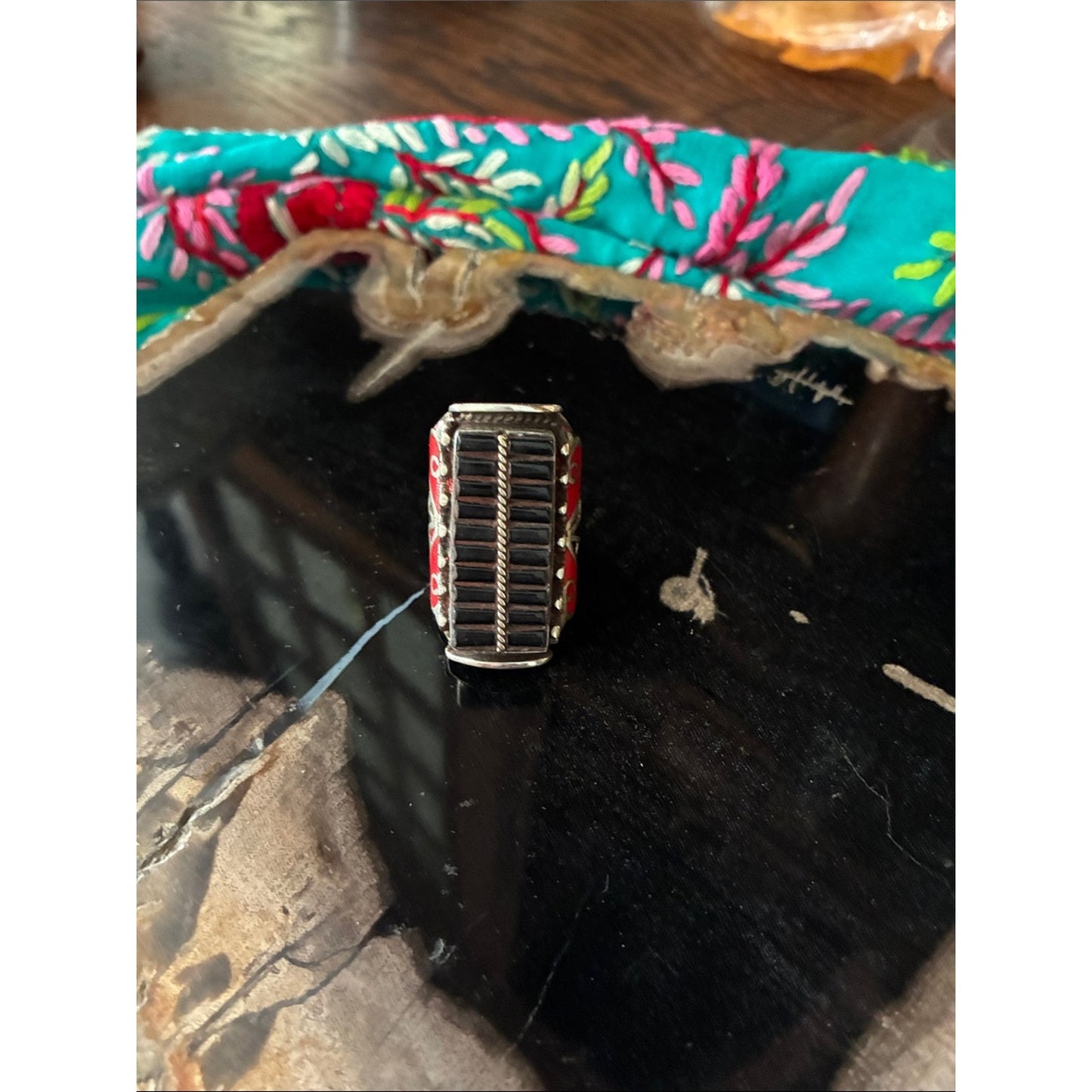 Sterling Silver Inlay Ring with Red Accents