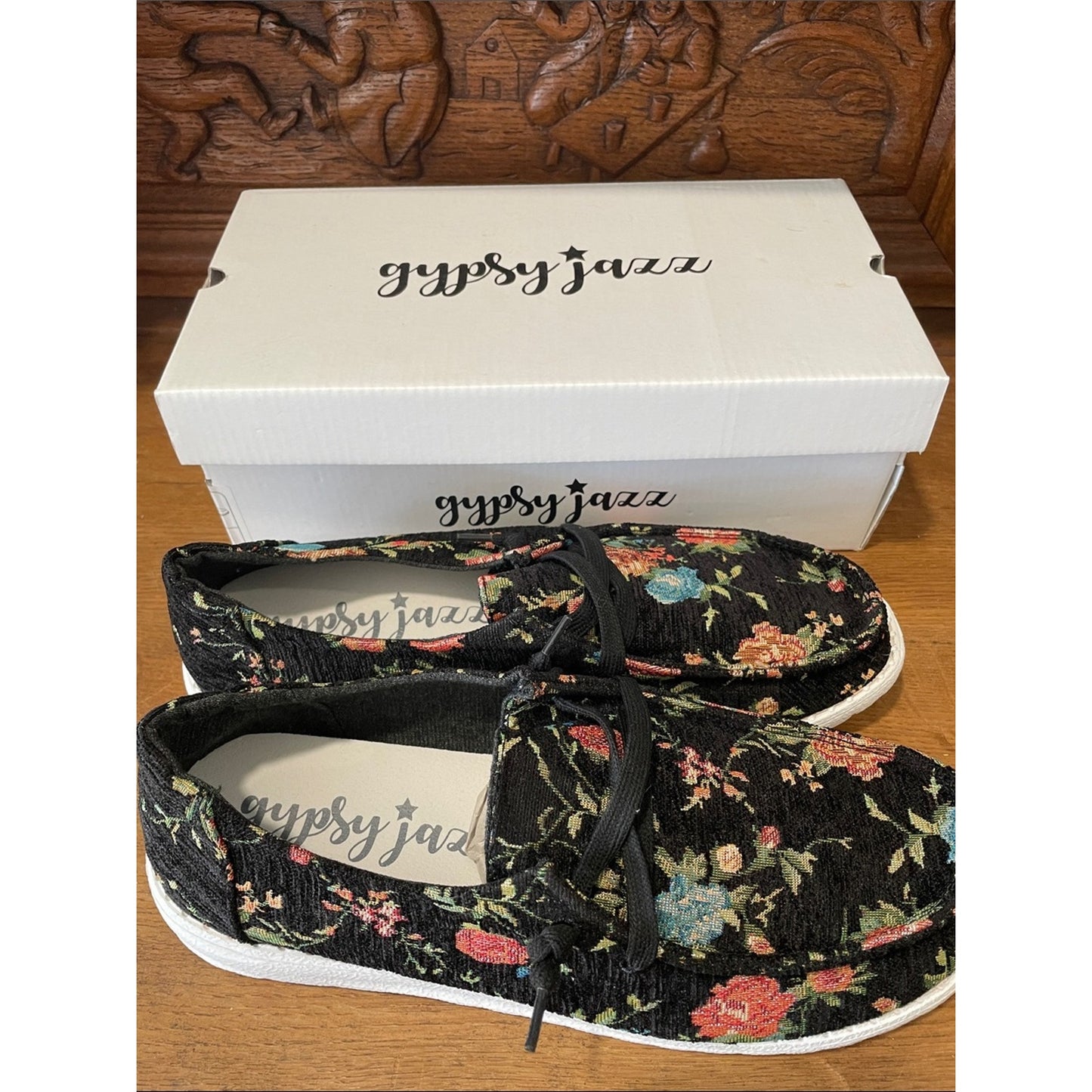 Gypsy Jazz Black Floral Slip-On Loafers Shoe