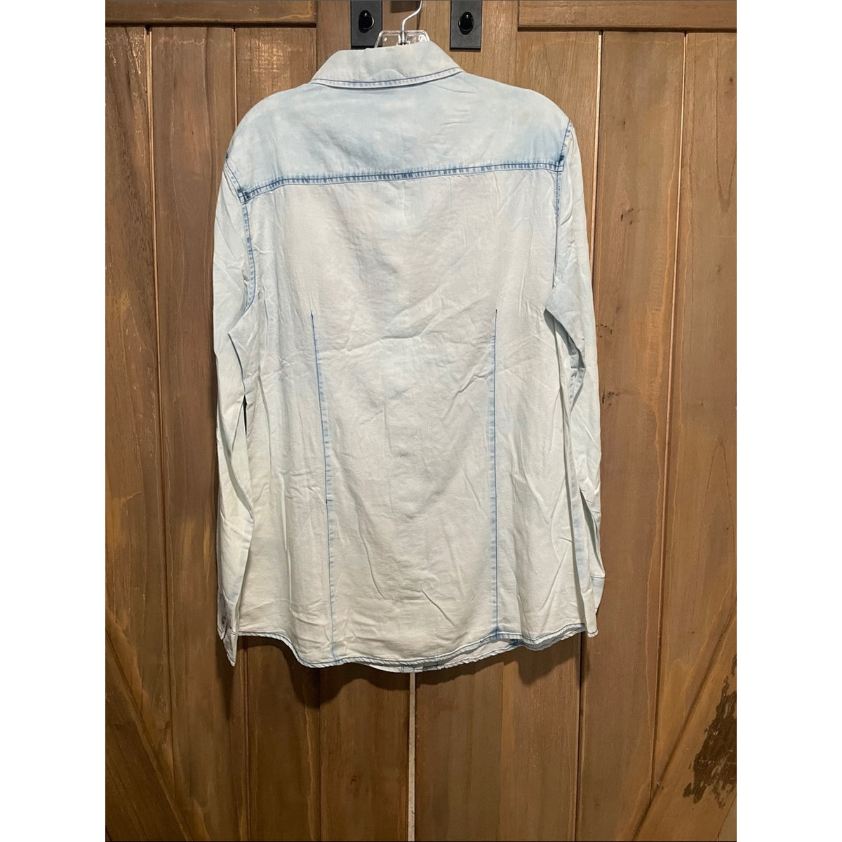 Lucky & Blessed Light Wash Denim Button-Down with Red Floral Embroidery