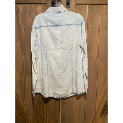 Lucky & Blessed Light Wash Denim Button-Down with Red Floral Embroidery