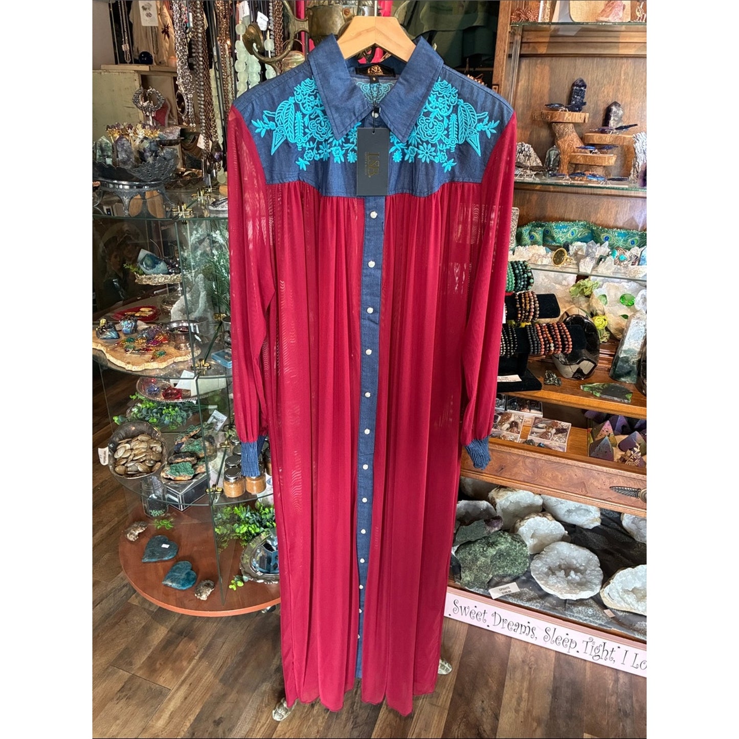 Boho Sheer Longline Shirt Dress - Red with Blue Embroidered Yoke