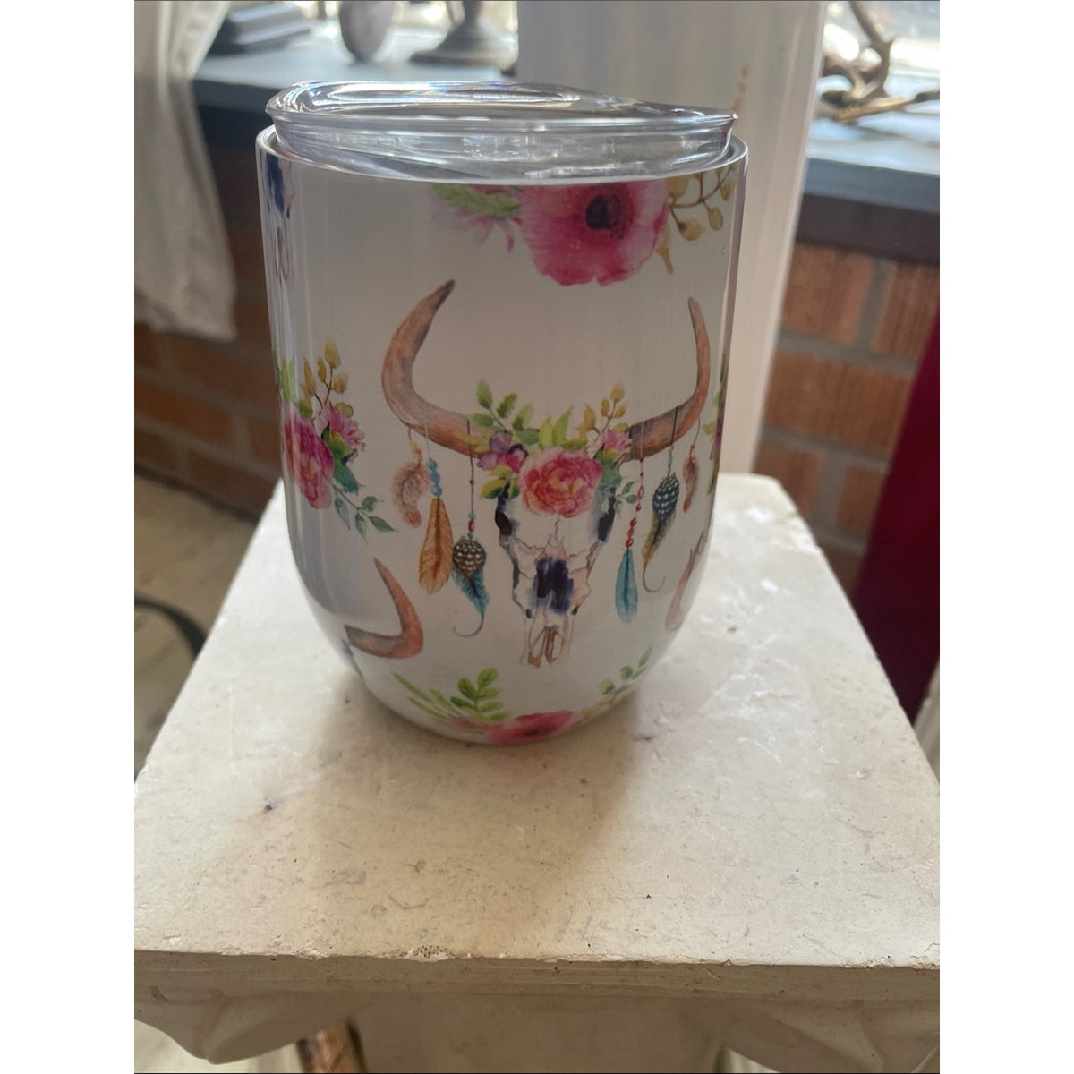 Lucky & Blessed White Floral Bull Stemless Cup