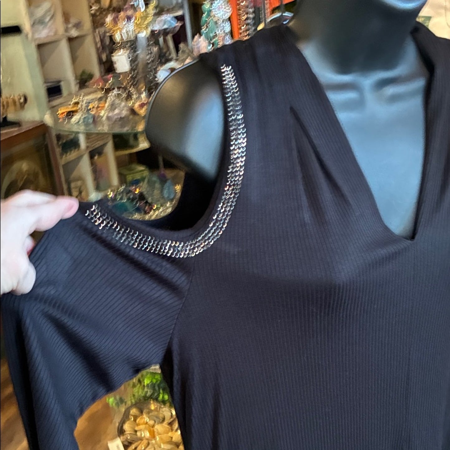 Vocal Black V-Neck Top with Rhinestone Detail