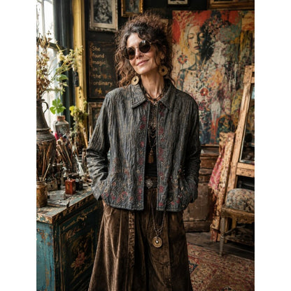 Chico's Black Metallic Floral Zip-Front Jacket