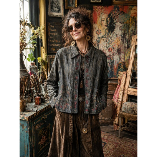 Chico's Black Metallic Floral Zip-Front Jacket