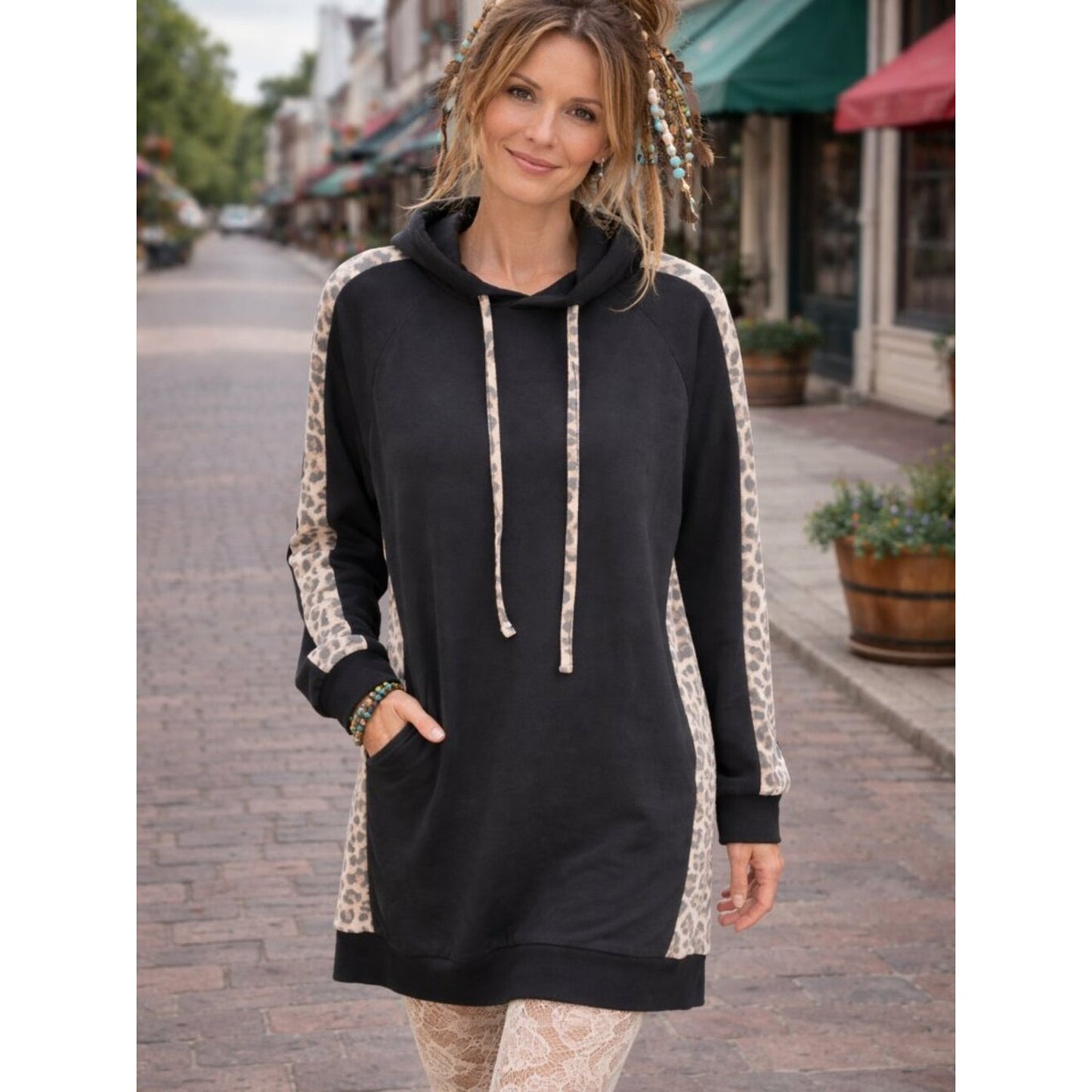 Zenana Outfitters Black Hoodie with Animal Print Accents