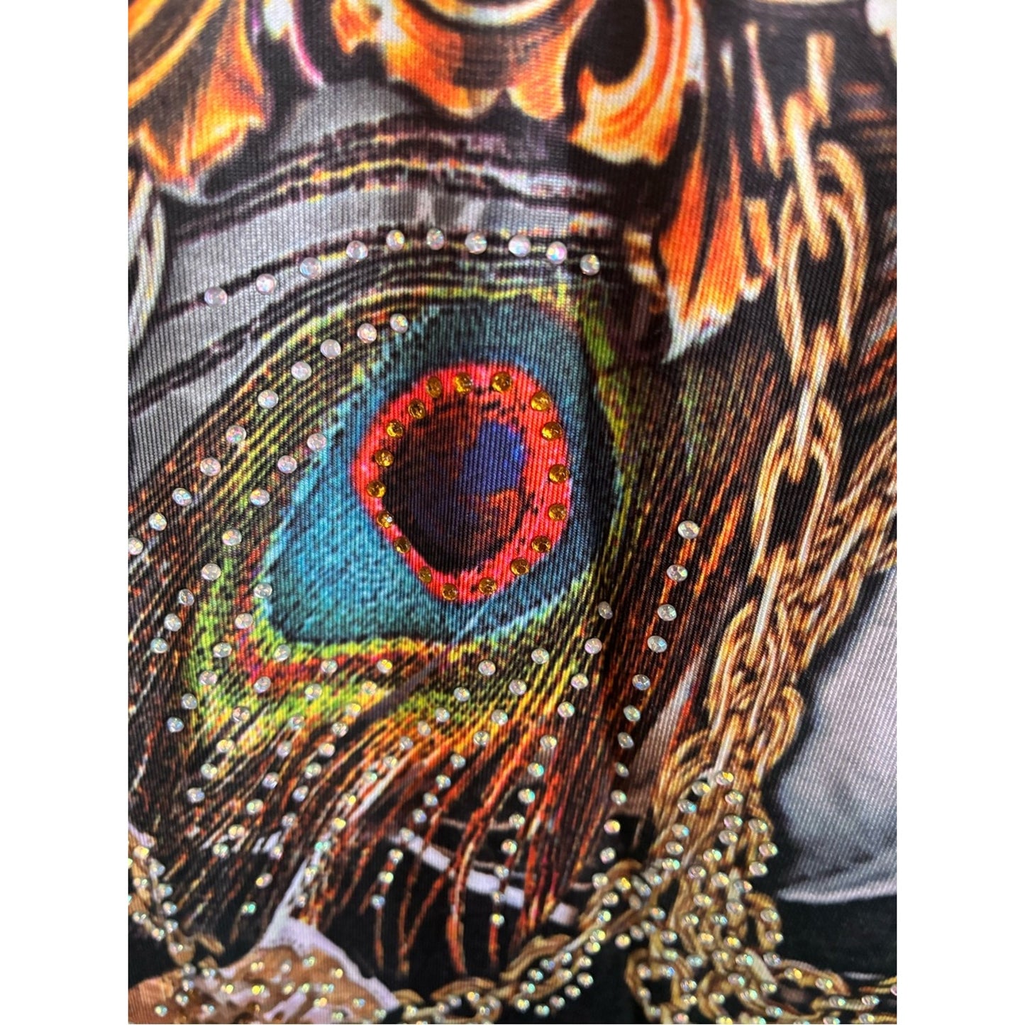 Mary McFadden Black Tunic with Gold and Orange Baroque Scrolls Peacock Feathers