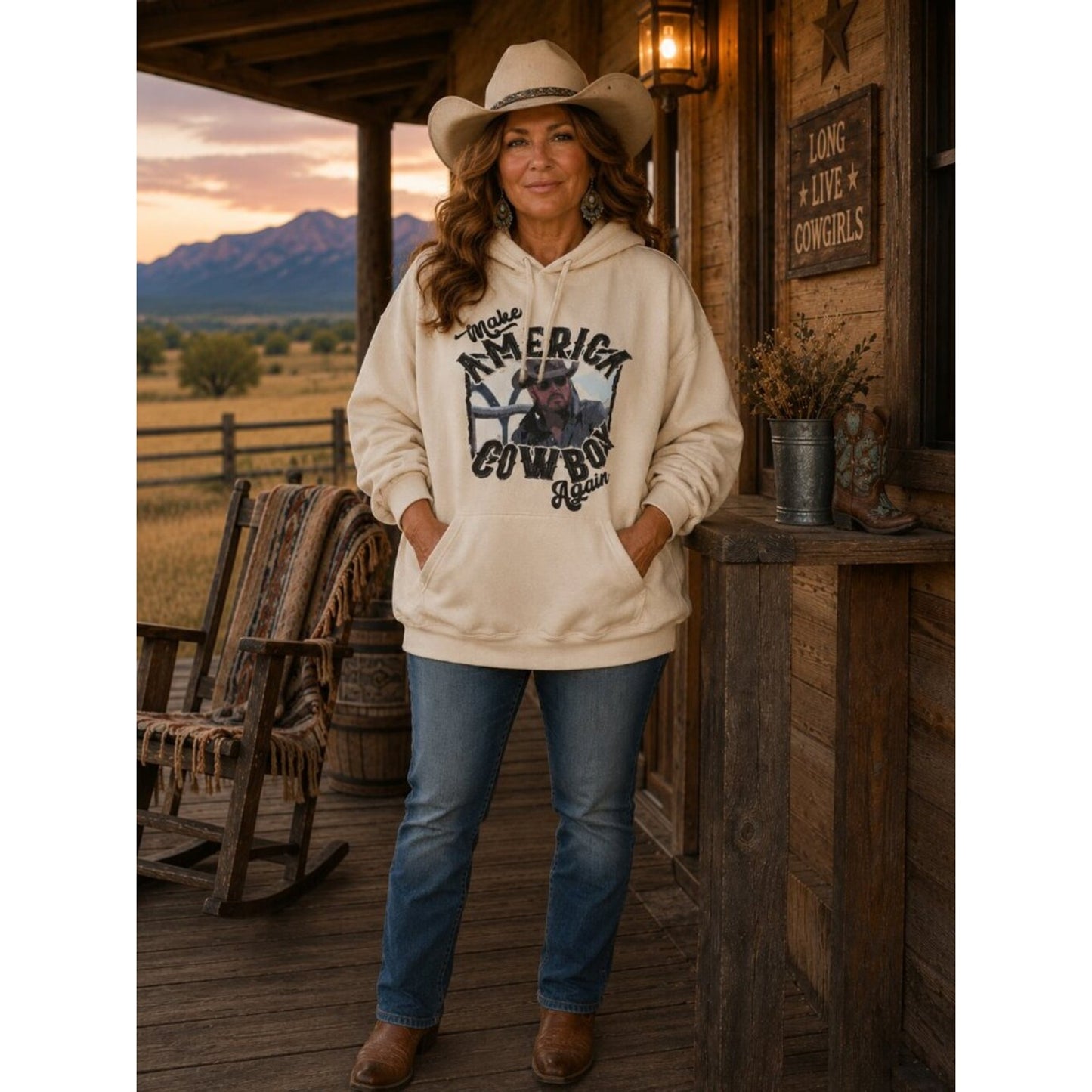 Cream 'Make America Cowboy Again' Graphic Hoodie Rip