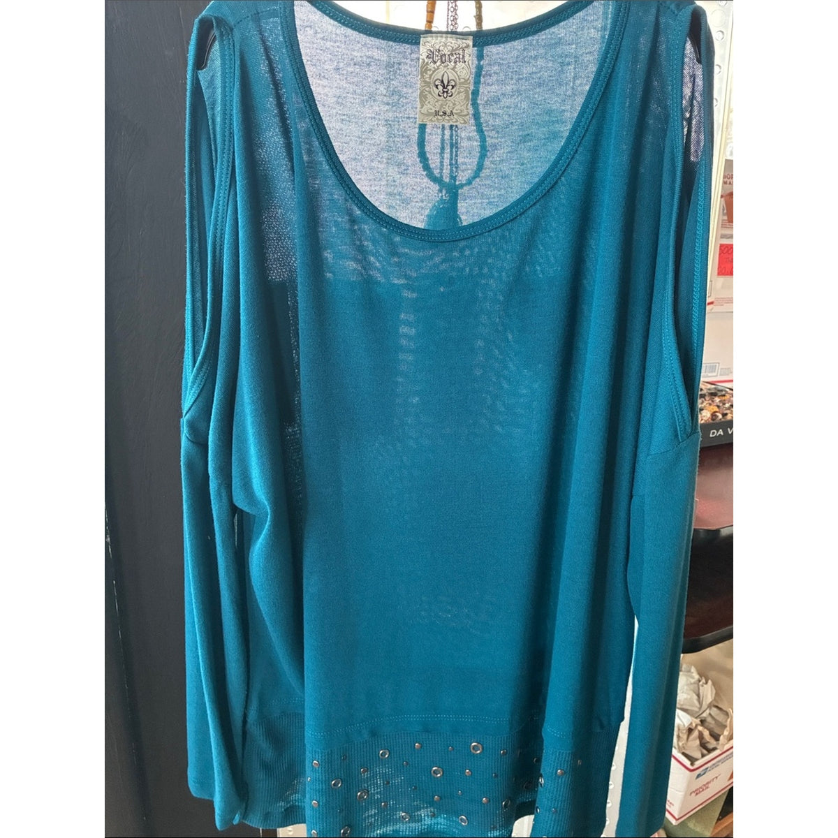 Vocal Teal Cold-Shoulder Long Sleeve Top with Stud Hem