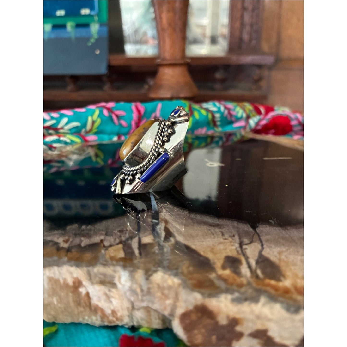 Tiger Eye Teardrop Statement Ring - Blue Accents in